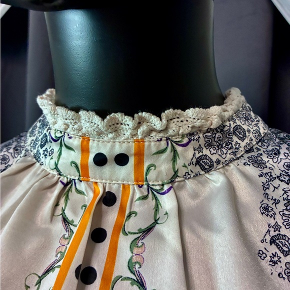 Tops - Floral High Neck Blouse with Lace Trim